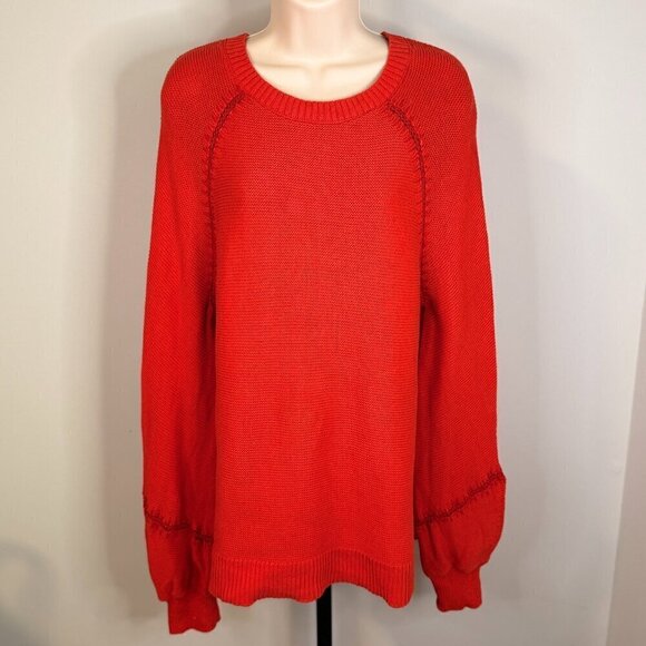 Loft Red Texured Weave Whipstiched Long Sleeve Cotton Sweater - Size Large - Picture 2 of 6